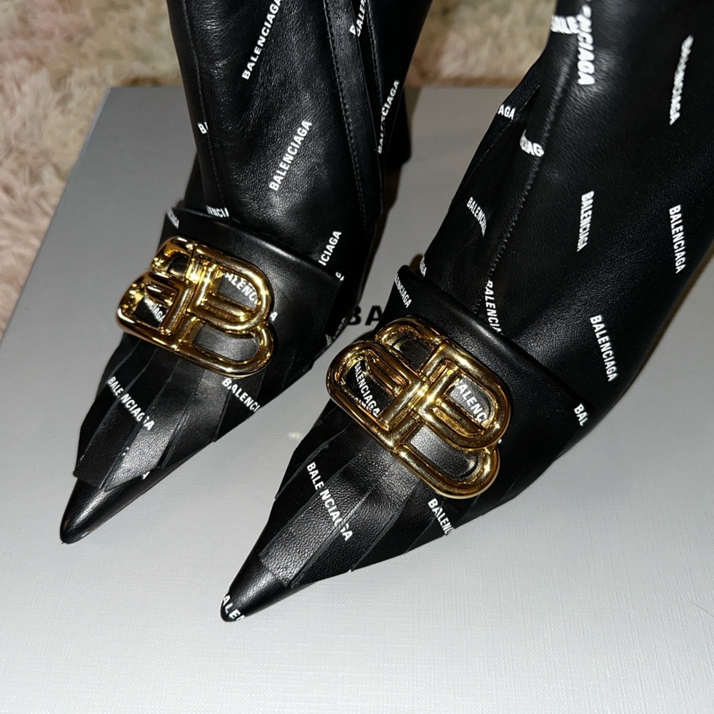 Balenciaga Fringe Knife BB Logo Black Leather Bootie Size 37 - Picture 5 of 16